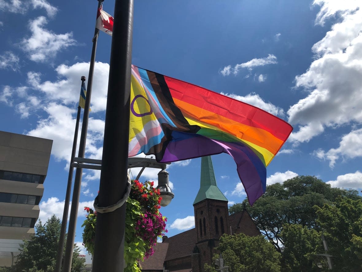 The LGBTQ Pride flag is raised in Windsor. This week, from Aug. 15 to 21, Chatham-Kent is marking Pride week. (Darrin Di Carlo/CBC - image credit)