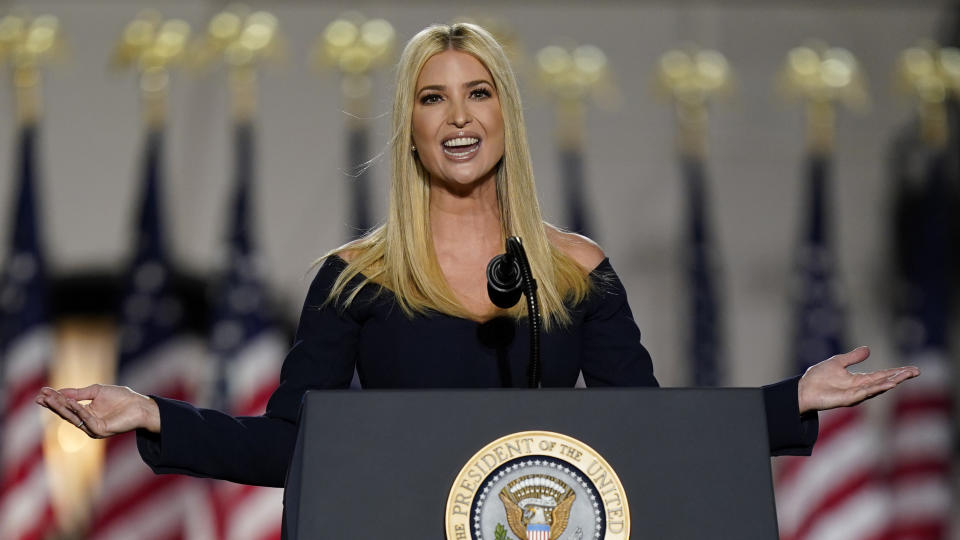 Ivanka Trump speaks to introduce President Donald Trump from the South Lawn of the White House on the fourth day of the Republican National Convention, Thursday, Aug. 27, 2020, in Washington. (AP Photo/Evan Vucci)