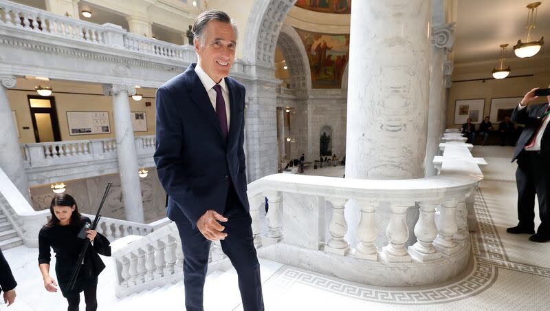 Sen. Mitt Romney, R-Utah, walks through the Capitol in Salt Lake City on Thursday, Feb. 15, 2024.