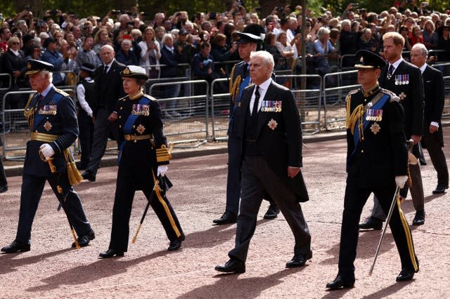The King led members of the royal family, including the Princess Royal, the the Duke of York, and the Earl of Wessex in the solemn procession