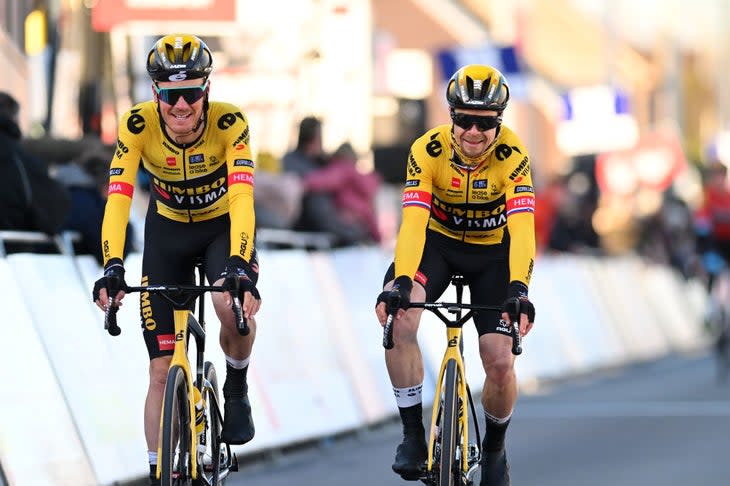 <span class="article__caption">Dylan Van Baarle and Jan Tratnik were all smiles at Kuurne-Brussel-Kuurne after their team completed an opening weekend sweep. (Photo by Luc Claessen/Getty Images)</span>