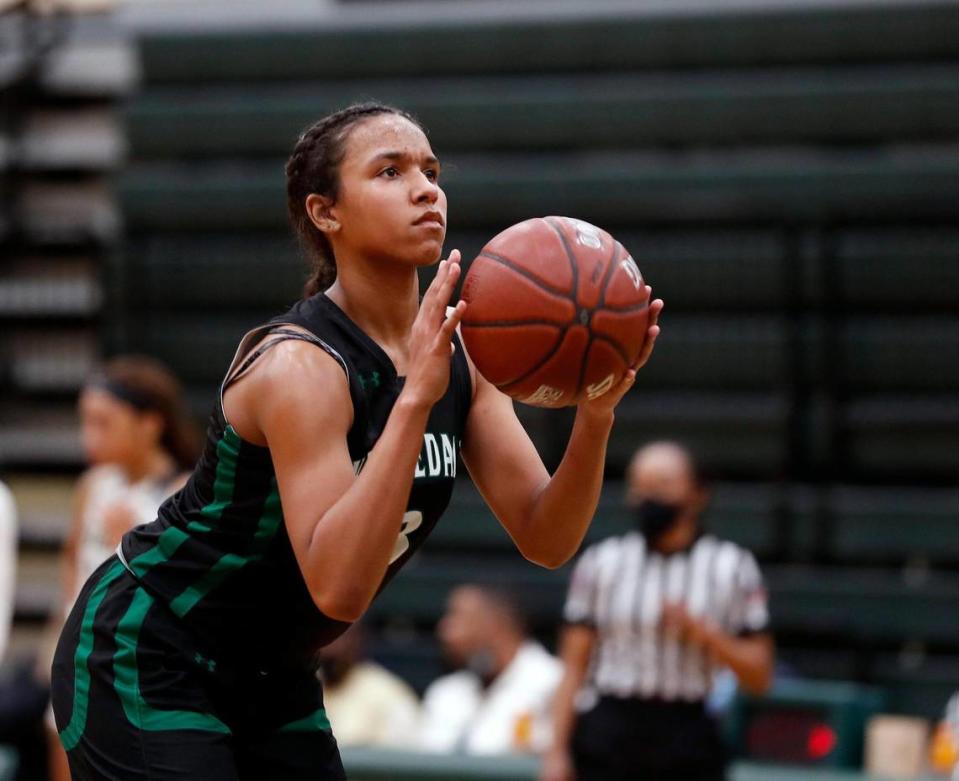 Kennedale guard Reagan Jackson (3) shoots one of her technical shots during the second half of a 4A Region 2 quarterfinal basketball game at DeSoto High School in DeSoto, Texas, Wednesday, Feb. 24, 2021. Pinkston defeated Kennedale 47-38. (Special to the Star-Telegram Bob Booth)