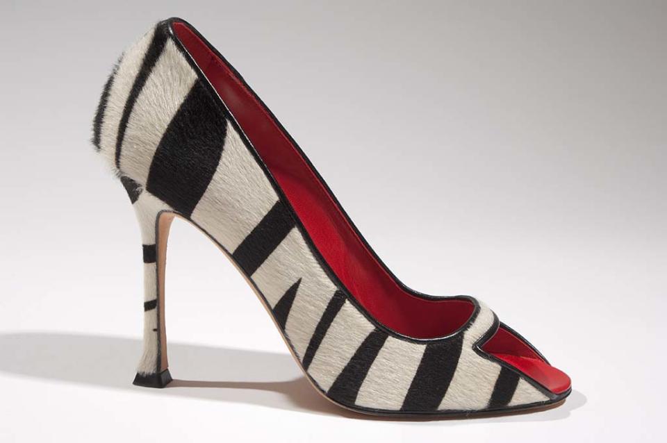 Manolo Blahnik, stiletto-heeled pumps, zebra printed pony skin, 1998, England. Gift of Manolo Blahnik. - Credit: Courtesy of The Museum at FIT