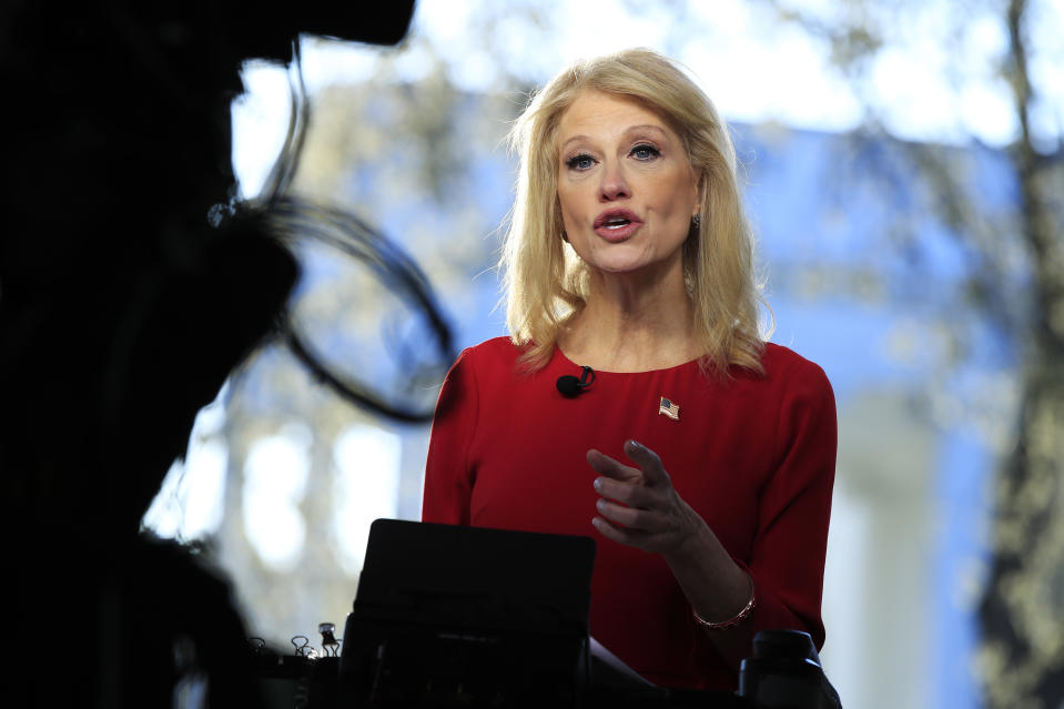 Kellyanne Conway is interviewed on television outside the West Wing of the White House in Washington, D.C., in March.  (AP Photo/Manuel Balce Ceneta) 