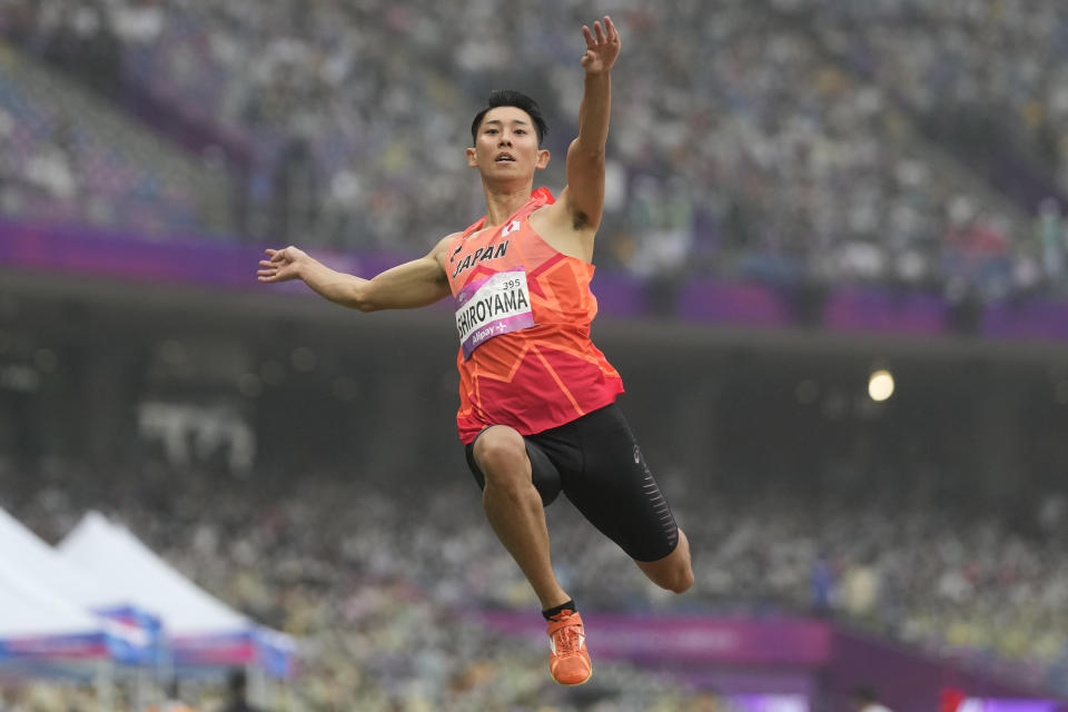 Japan's Shoutarou Shiroyama competes during the men's long jump qualification at the 19th Asian Games in Hangzhou, China, Saturday, Sept. 30, 2023. (AP Photo/Lee Jin-man)