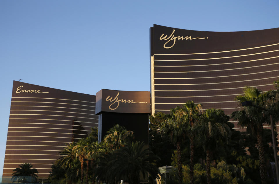 FILE - This June 17, 2014, file photo shows the Wynn Las Vegas and Encore resorts in Las Vegas. A federal judge in Nevada, Wednesday, Aug. 4, 2021, has revived elements of a securities fraud lawsuit seeking class-action status for allegations that executives at Wynn Resorts Ltd. knew about, but disregarded, reports of sexual harassment and misconduct against company founder Steve Wynn. (AP Photo/John Locher, File)