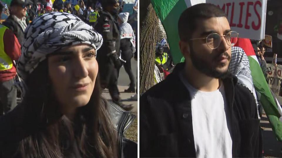 Farah Mateh with Toronto 4 Palestine and Mohammed William with Palestinian Youth Movement say they're protesting a real estate event at a Thornhill, Ont. synagogue for featuring properties for sale in the West Bank.