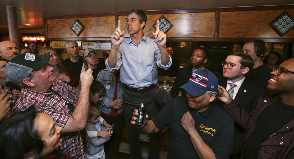 FILE - In this Thursday, March 21, 2019 file photo, former Texas congressman Beto O'Rourke addresses a gathering during a campaign stop at a restaurant in Manchester, N.H. On Friday, March 22, 2018, The Associated Press has found that stories circulating on the internet that O’Rourke gave the remaining $4.5 million from his unsuccessful U.S. Senate campaign to Texas Democrats and the party returned it to him on the day he announced his presidential campaign, are untrue. (AP Photo/Charles Krupa)