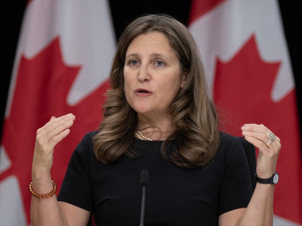  Deputy Prime Minister and Minister of Finance Chrystia Freeland responds to a question during a news conference in Ottawa.