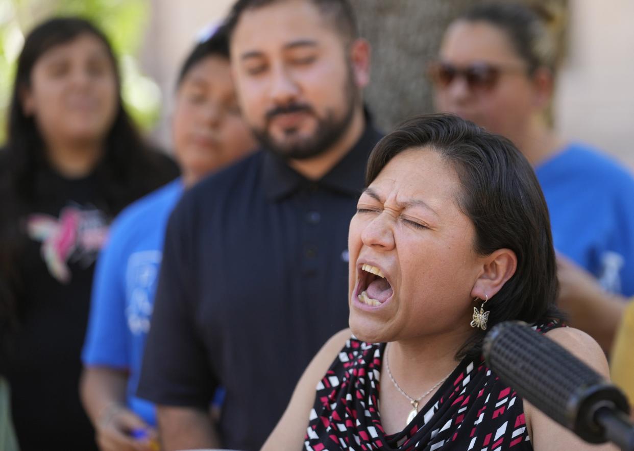 Karina Ruiz, Arizona Dream Act Coalition executive director, speaks during a news conference on the 10th anniversary of DACA at the Arizona State Capitol in Phoenix on June 15, 2022.