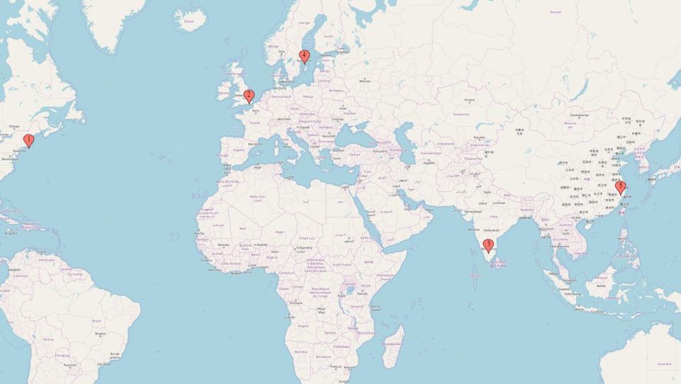 The five cities listed on a map. (Source: mapcustomizer.com)