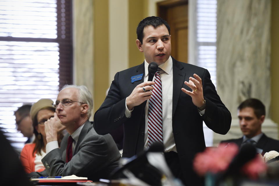 This March 27, 2019 photo shows Montana Democratic Sen. Shane Morigeau of Missoula speaking on the floor of the state House in Helena, Montana, during the legislative session. Morigeau said the 2021 legislative session has been "a nightmare for Indian Country and Montana Indians," in part due to bills that could make it more difficult for Native Americans living on reservations to vote and the removal of Margarett Campbell from the Montana Human Rights Commission, which leaves the commission without Native American representation for the fist time in at least 16 years. (Thom Bridge/Independent Record via AP)