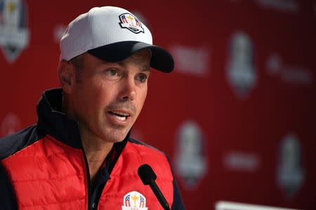 Sep 28, 2016; Chaska, MN, USA; Team USA player Phil Mickelson Matt Kuchar Brandt Snedeker address the media before their practice round for the 41st Ryder Cup at Hazeltine National Golf Club. Mandatory Credit: John David Mercer-USA TODAY Sports