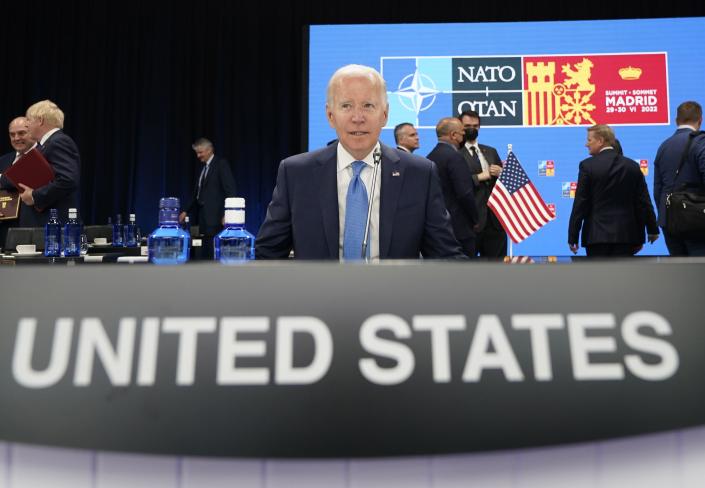 U.S. President Joe Biden waits for the start of a round table meeting at a NATO summit in Madrid, Spain on Wednesday, June 29, 2022. North Atlantic Treaty Organization heads of state and government will meet for a NATO summit in Madrid from Tuesday through Thursday. (AP Photo/Susan Walsh, Pool)