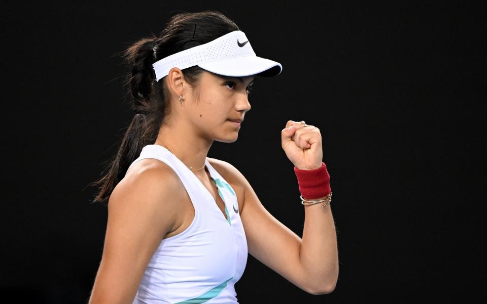  Emma Raducanu of Great Britain react after winning a point in her first round singles match against Sloane Stephens of United States during day two of the 2022 Australian Open at Melbourne Park - Quinn Rooney/Getty Images