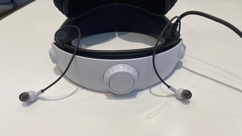 The PSVR 2 earbuds attached to the headset