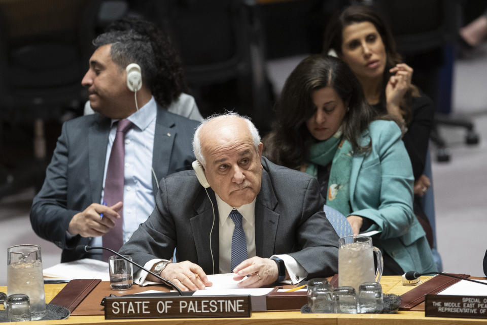 Palestinian Ambassador to the United Nations Karen Riyad Mansour listens to speakers during a meeting on the Middle East, including the Palestinian question, Wednesday, Nov. 20, 2019 at United Nations headquarters. (AP Photo/Mary Altaffer)