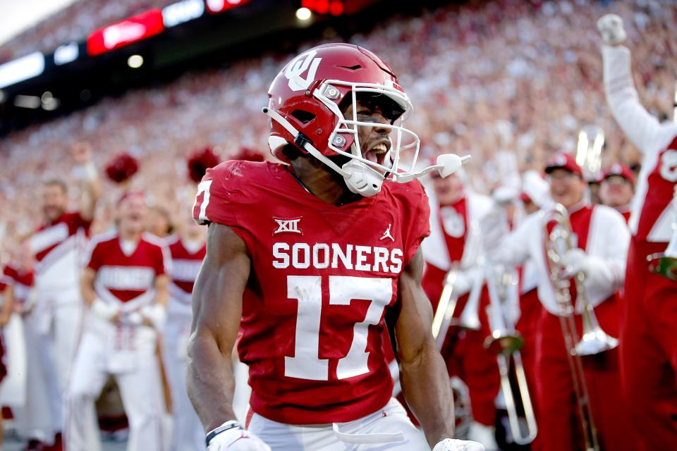 Oklahoma's Marvin Mims (17) celebrates his touchdown pass in the second quarter during the college football game between the University of Oklahoma and the Kent State Golden Flashes at the Gaylord Family Oklahoma Memorial Stadium in Norman, Okla., Saturday, Sept., 10, 2022. 