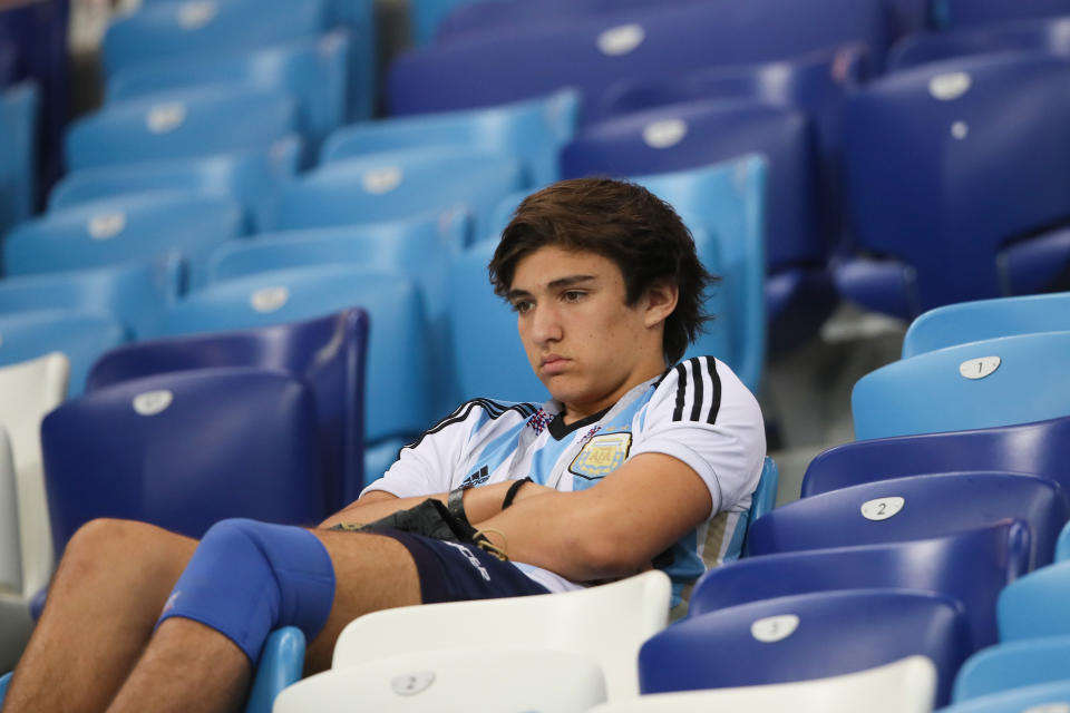 Dejection: An Argentinian fan considers his country’s plight in the stands in Nizhny Novgorod. (Getty)