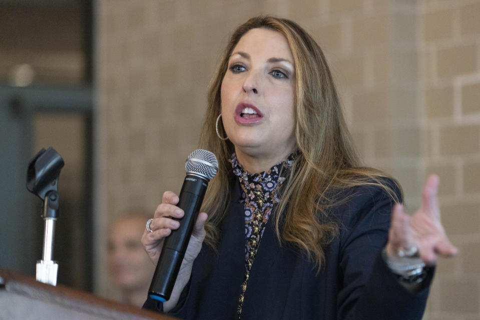 FILE - Ronna McDaniel, RNC Chairwoman, speaks at a campaign event for Mehmet Oz, Republican candidate for U.S. Senate in Pennsylvania, in Malvern, Pa., Saturday, Oct. 15, 2022. (AP Photo/Laurence Kesterson, File)