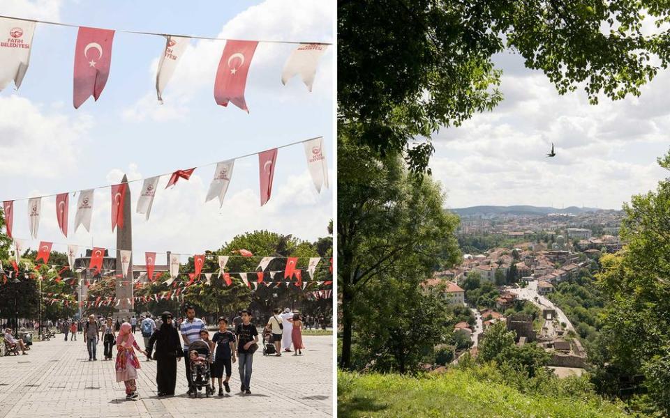 From left: A family walks in front of the Obelisk of Theodosius, in Istanbul; view of Veliko Tarnovo, a medieval citadel in central Bulgaria. | Katherine Wolkoff