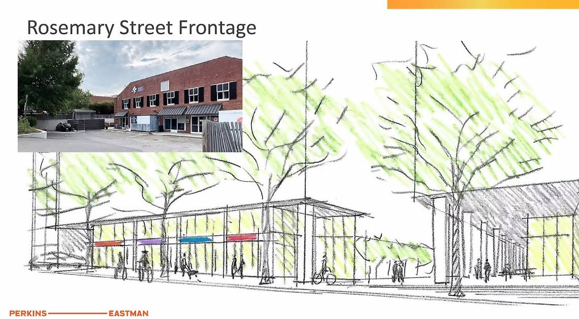 An architect’s rendering shows the proposed Life Sciences Center entrance on West Rosemary Street, at the former location of the Launch Chapel Hill startup incubator. Perkins Eastman/Contributed