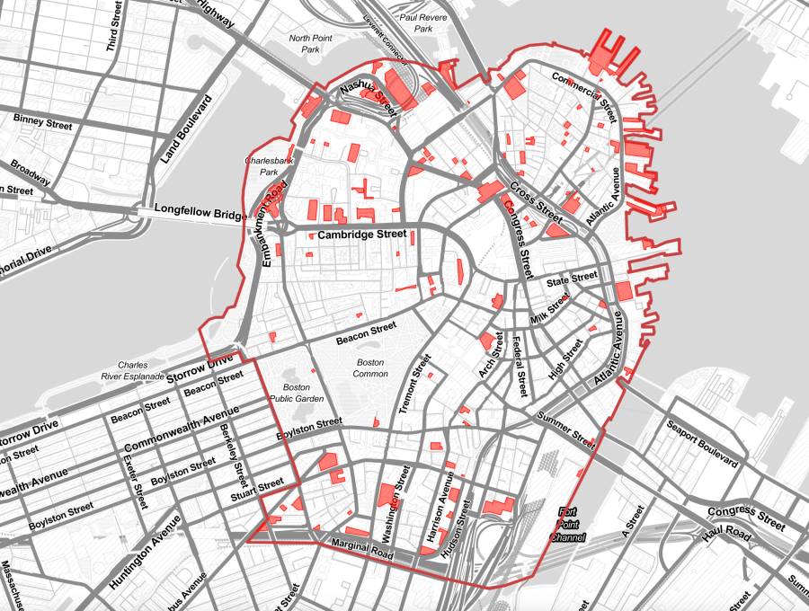 A map highlights designated parking space in downtown Boston. (Courtesy Thomas Carpenito / Parking Reform Network)