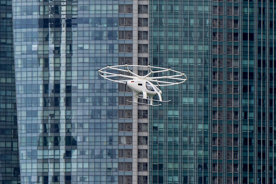 The prototype Volocopter making its test flight over Marina Bay on 22 October 2019. (PHOTO: Dhany Osman / Yahoo News Singapore)