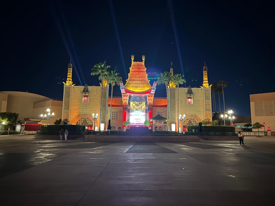 The usually busy plaza in front of Mickey and Minnie's Runaway Railway is nearly empty after hours at Disney's Hollywood Studios.