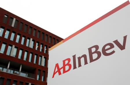 FILE PHOTO: The logo of AB InBev is pictured outside the brewer's headquarters in Leuven