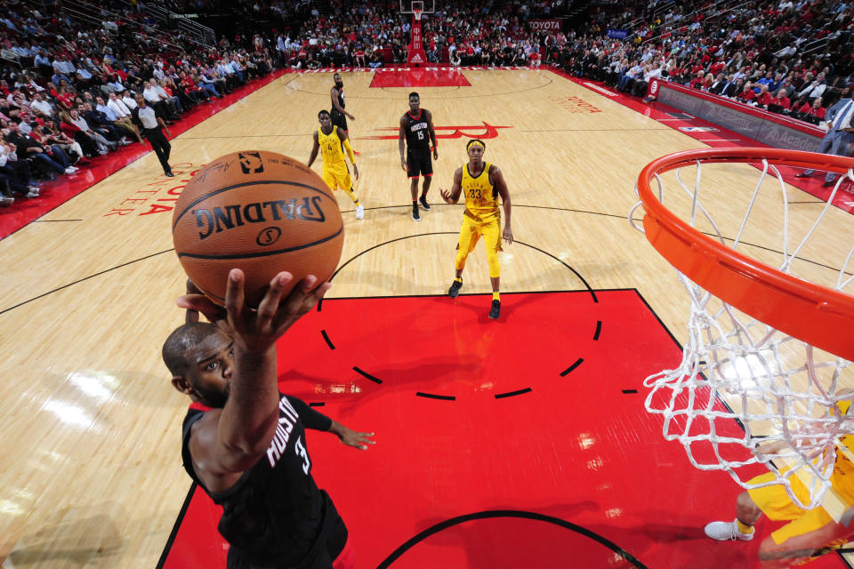 Chris Paul’s loving what he sees when he looks at the rim in Houston’s spaced-out offense. (Getty)