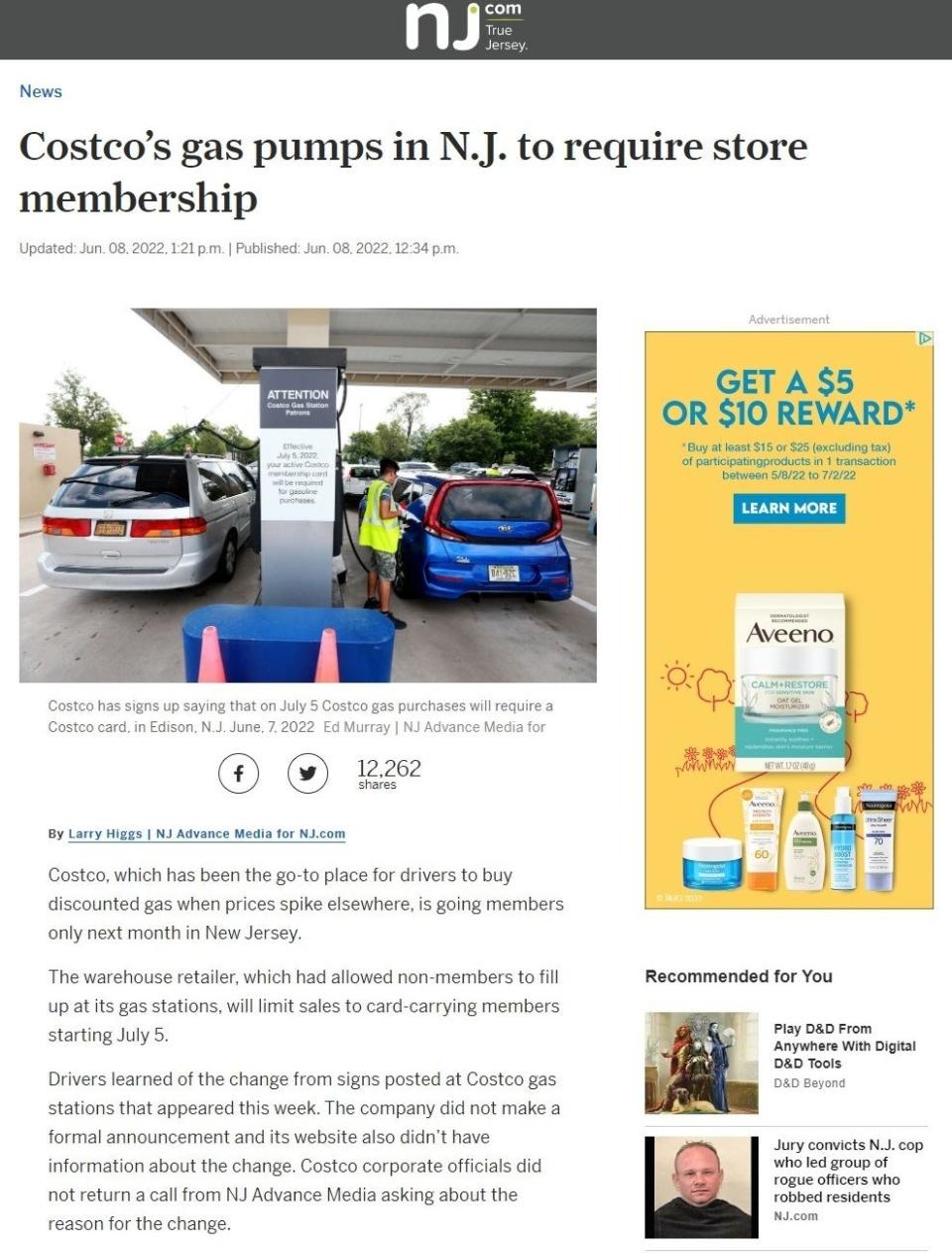 Screenshot of NJ.com's article, "Costco’s gas pumps in N.J. to require store membership"