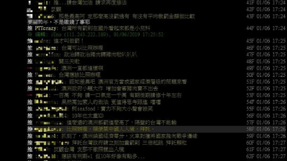 防堵非洲豬瘟疫情擴散，澳洲祭出重罰，不少網友則認為台灣罰款太輕，對某些人來說根本不痛不癢。圖／翻攝自PTT