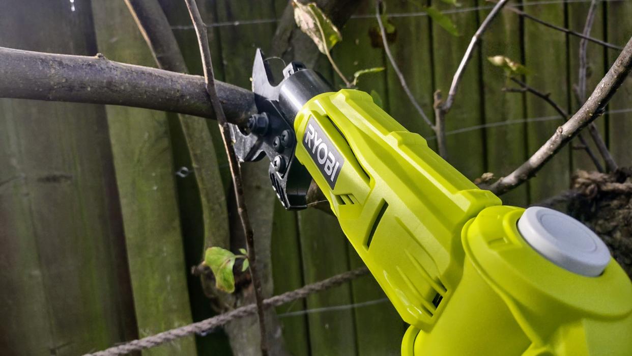  The Ryobi 18V Cordless Pole Lopper, cutting a tree limb. 