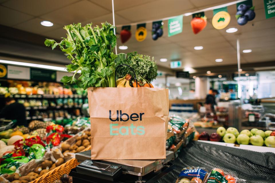 Uber Eats bag in Woolworths produce section. Source: Woolworths