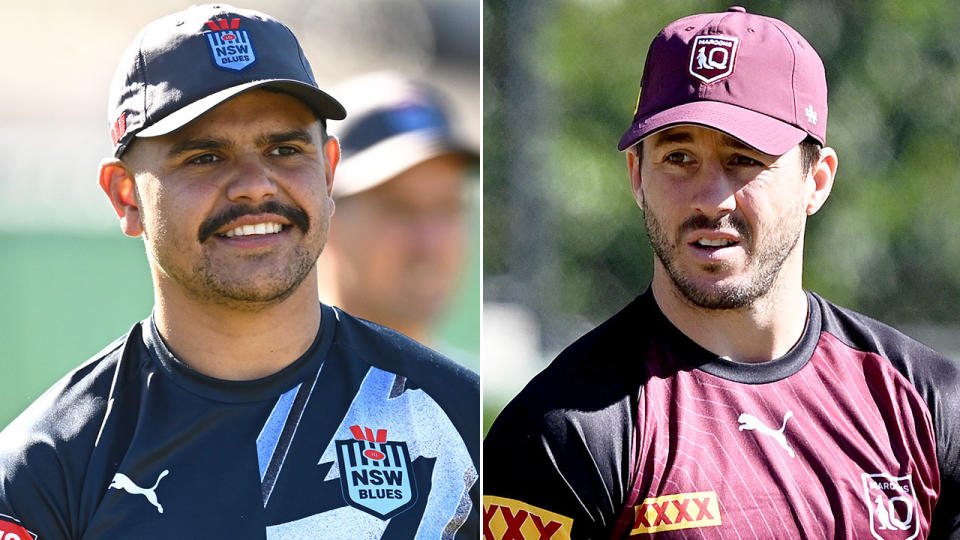 Pictured right is Maroons' Origin hooker Ben Hunt and injured Blues centre Latrell Mitchell on the left.