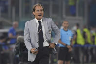 Italy's manager Roberto Mancini shouts out from the touchline during the Euro 2020 soccer championship group A match between Italy and Turkey at the Olympic stadium in Rome, Friday, June 11, 2021. (Alberto Lingria/Pool Photo via AP)