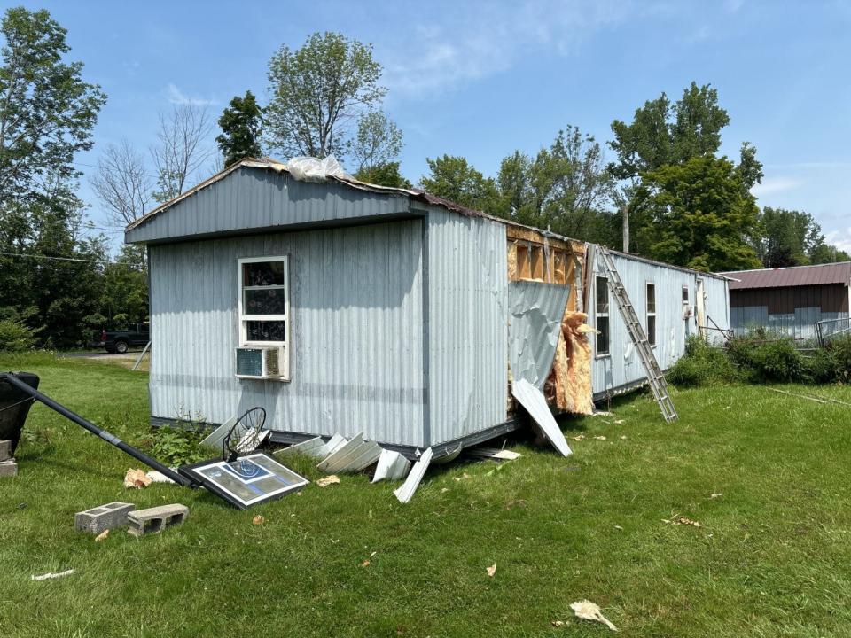 A tornado touched down near Lee Center on Tuesday, July 16, causing damage to homes and trees, including this mobile home. This photo was included in the National Weather Service damage survey on the tornado shows the damage to a mobile home.