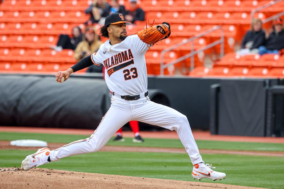 OSU's Juaron Watts-Brown (23) pitches against Loyola Marymount on Feb. 25 at O’Brate Stadium in Stillwater.