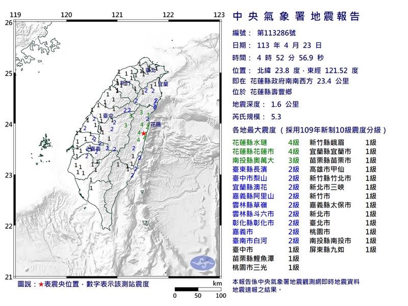 23日4:52地震深度僅1.6公里。（圖／氣象署）