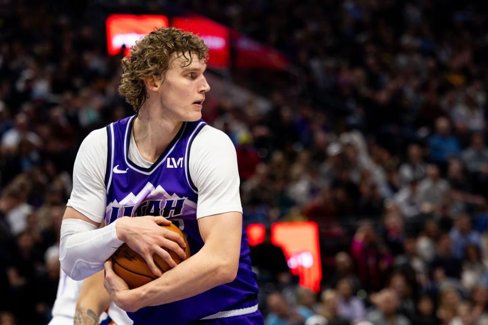 Utah Jazz forward Lauri Markkanen (23) holds onto the ball after a rebound during an NBA basketball game between the Utah Jazz and the Oklahoma City Thunder at the Delta Center in Salt Lake City on Tuesday, Feb. 6, 2024. | Megan Nielsen, Deseret News