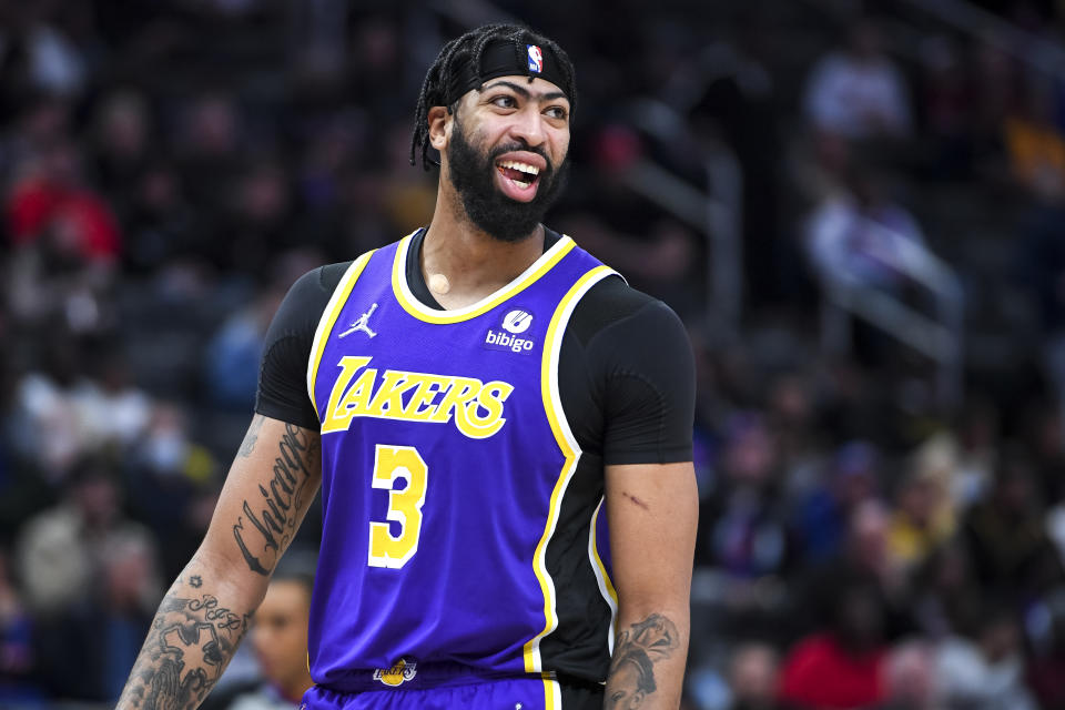 Anthony Davis of the Los Angeles Lakers laughs during a game.
