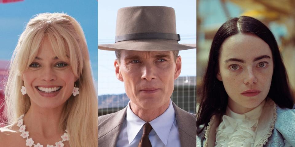 From left: Margot Robbie in "Barbie," Cillian Murphy in "Oppenheimer," and Emma Stone in "Poor Things."