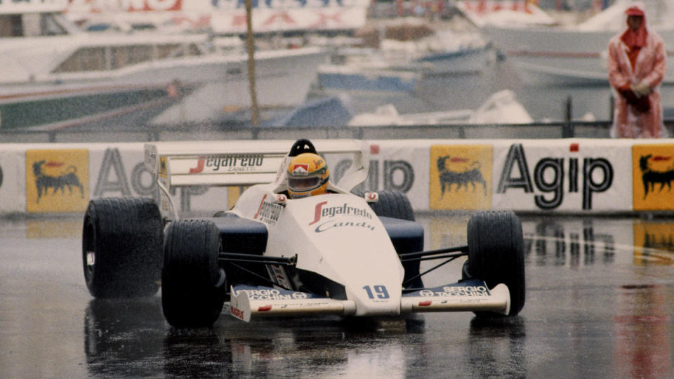 Ayrton Senna racing in Formula 1's 1984 Monaco Grand Prix.