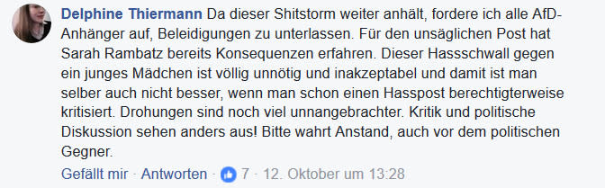 Die Hamburger AfD-Politikerin Delphine Thiermann forderte ihre Parteigenossen mit eher fragwürdigen Argumenten zur Zurückhaltung auf (Bild: Screenshot/Facebook)