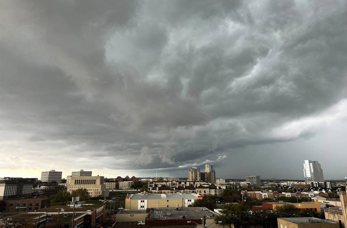 Storm clouds gather above the Fort Worth Cultural District on Thursday, March 16, 2023. A tornado warning was announced until 5 p.m. Thursday for parts of Tarrant County, including downtown Fort Worth.