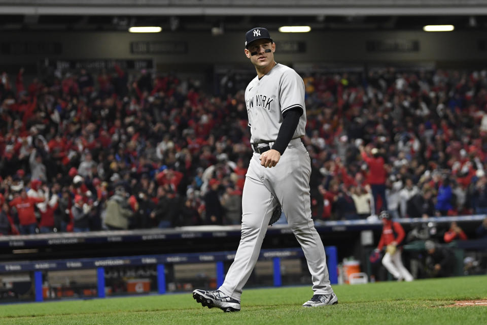 New York Yankees' Anthony Rizzo walks off the field after the Cleveland Guardians defeated the Yankees 6-5 in Game 3 of a baseball AL Division Series, Saturday, Oct. 15, 2022, in Cleveland. (AP Photo/David Dermer)