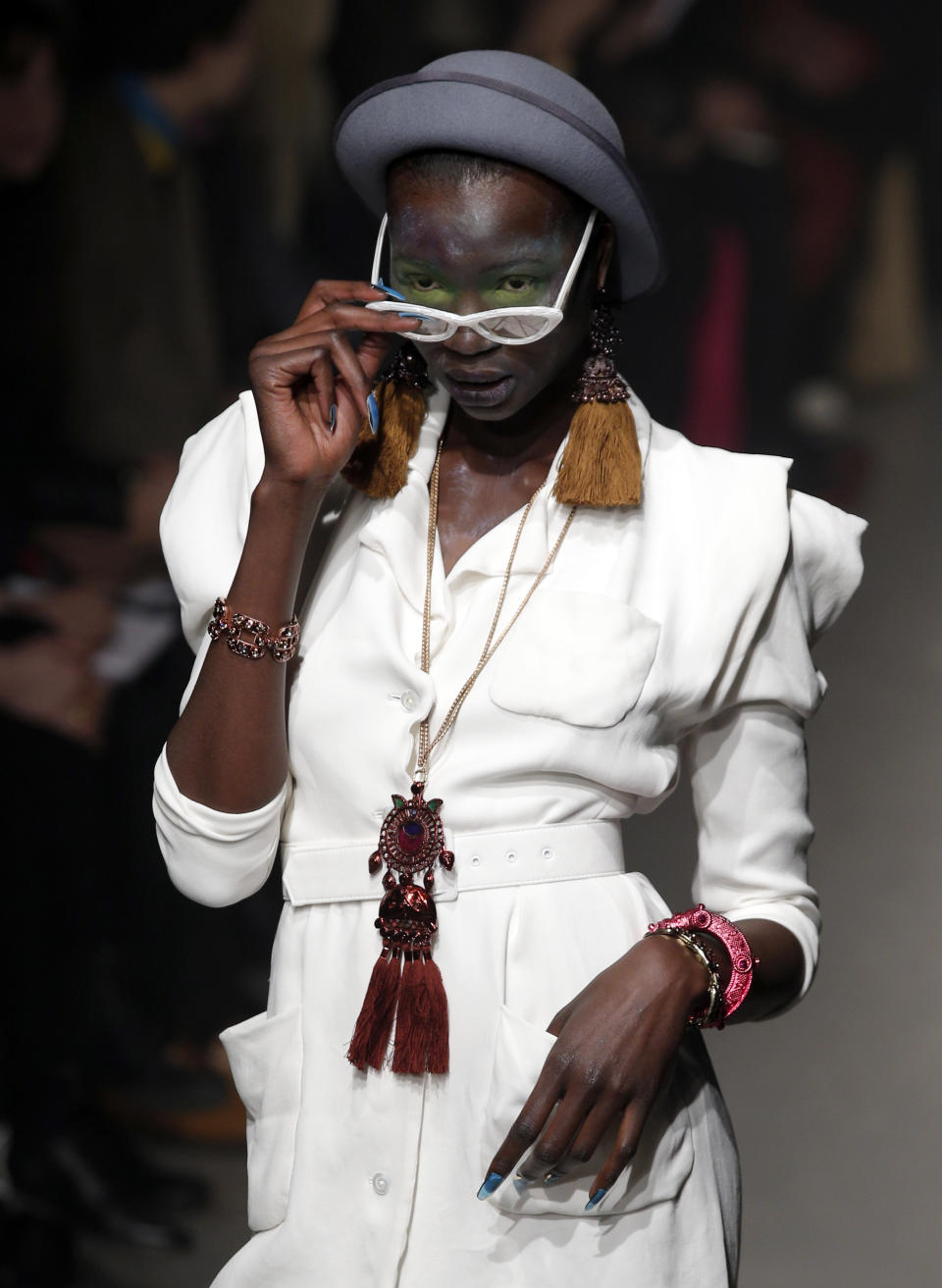 A model wears a creation by designer Vivienne Westwood for her Fall/Winter 2013-2014 ready to wear collection, in Paris, Saturday, March 2, 2013. (AP Photo/Christophe Ena)