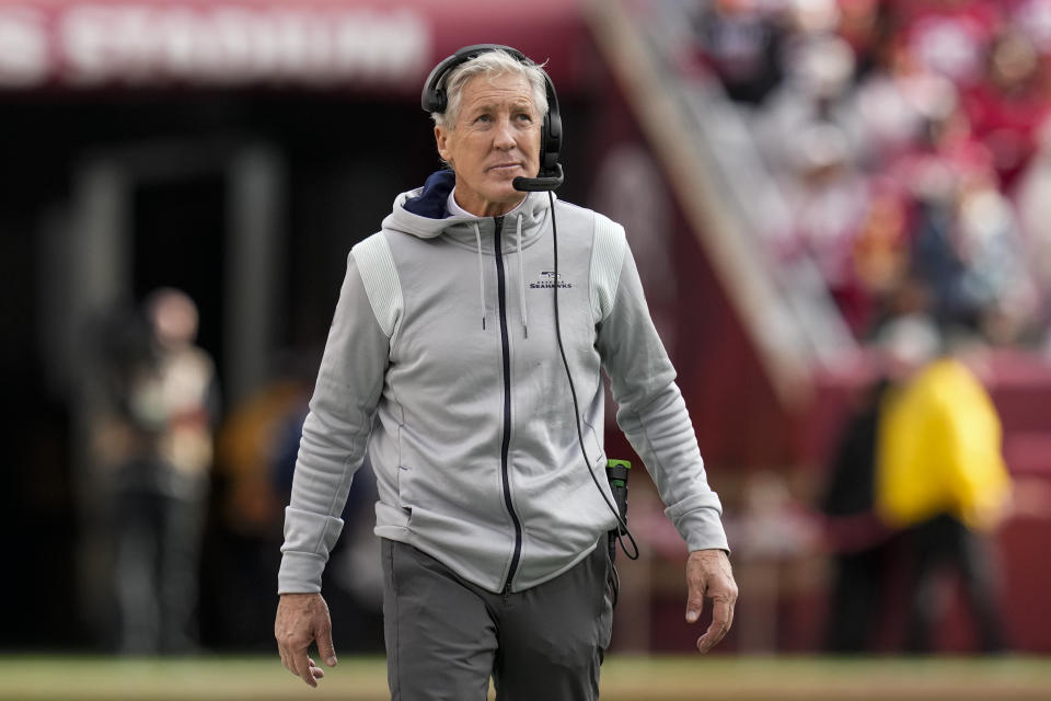 Seattle Seahawks head coach Pete Carroll watches from the sideline during the second half of an NFL wild card playoff football game against the San Francisco 49ers in Santa Clara, Calif., Saturday, Jan. 14, 2023. (AP Photo/Godofredo A. Vásquez)