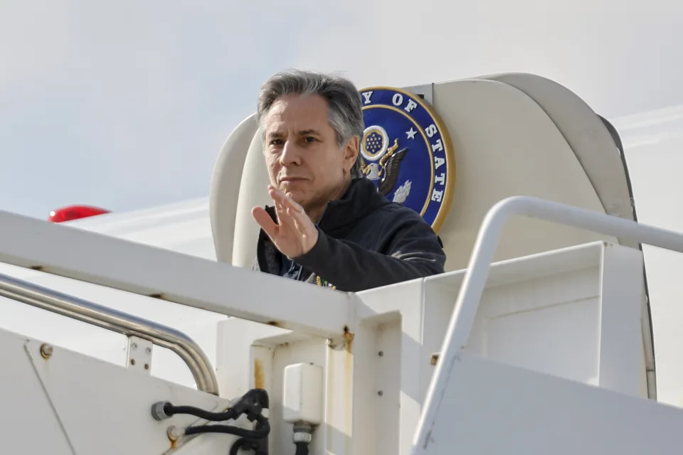 U.S. Secretary of State Antony Blinken arrives at Incirlik Air Base near Adana, Turkey, Sunday, Feb. 19, 2023. (Clodagh Kilcoyne/Pool Photo via AP)